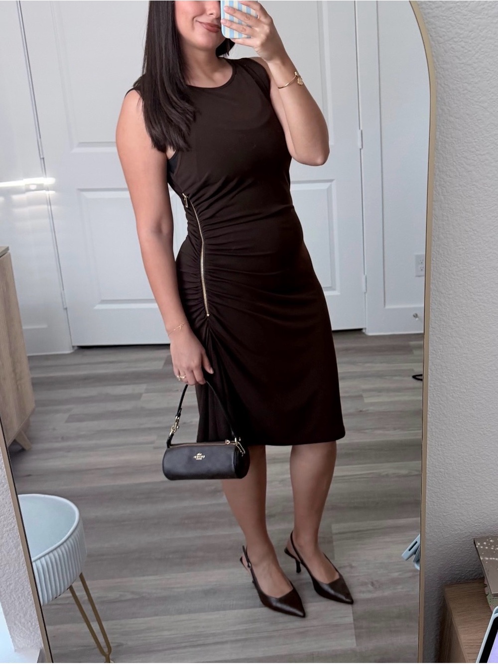 MICHAEL Michael Kors Sleeveless Ruched Side Zip Sheath Dress - Brown